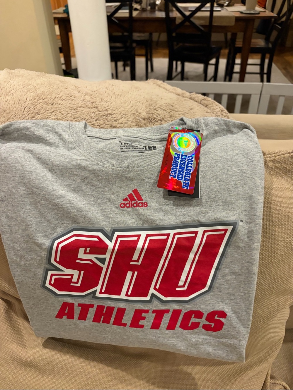 adidas Men's Large Gray Tee with Red SHU Sacred Heart University Athletics Logo